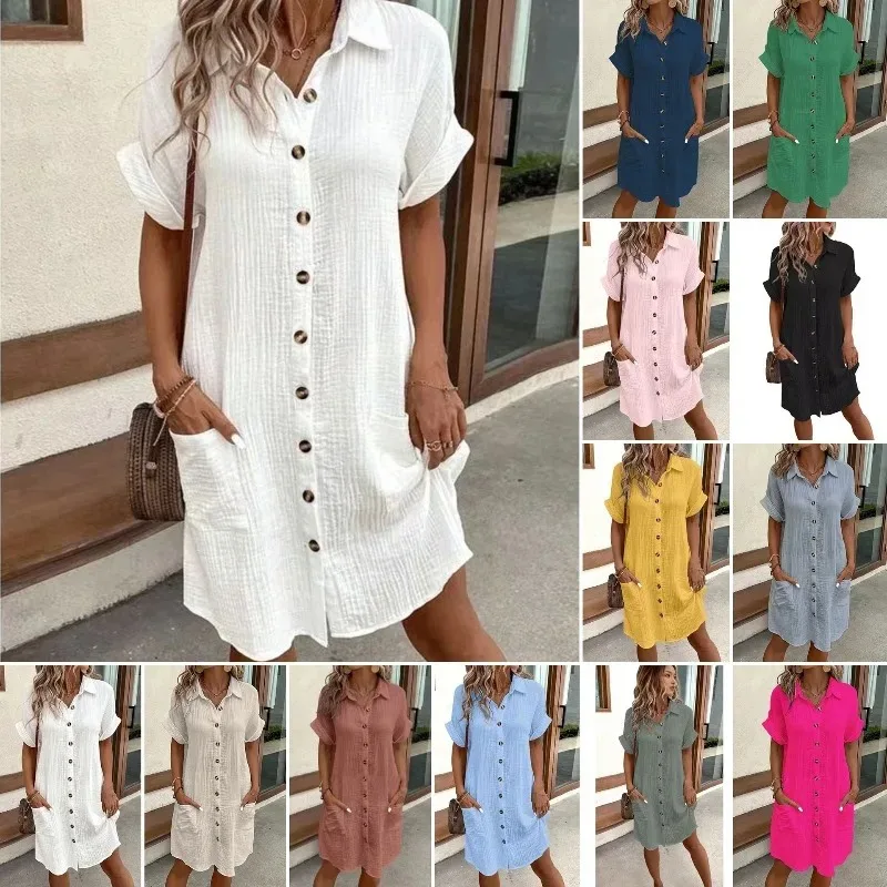 Casual Loose Linen Shirt Dress - Robe décontractée en coton et lin,