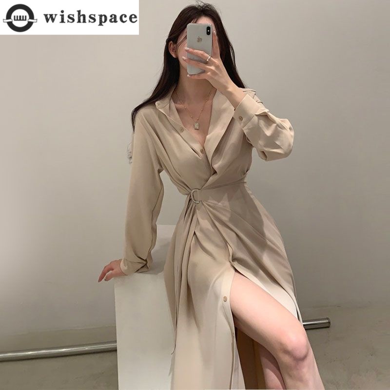 Robe chemise à revers à manche - Korean Style A Line Shirt Dress avis et prix