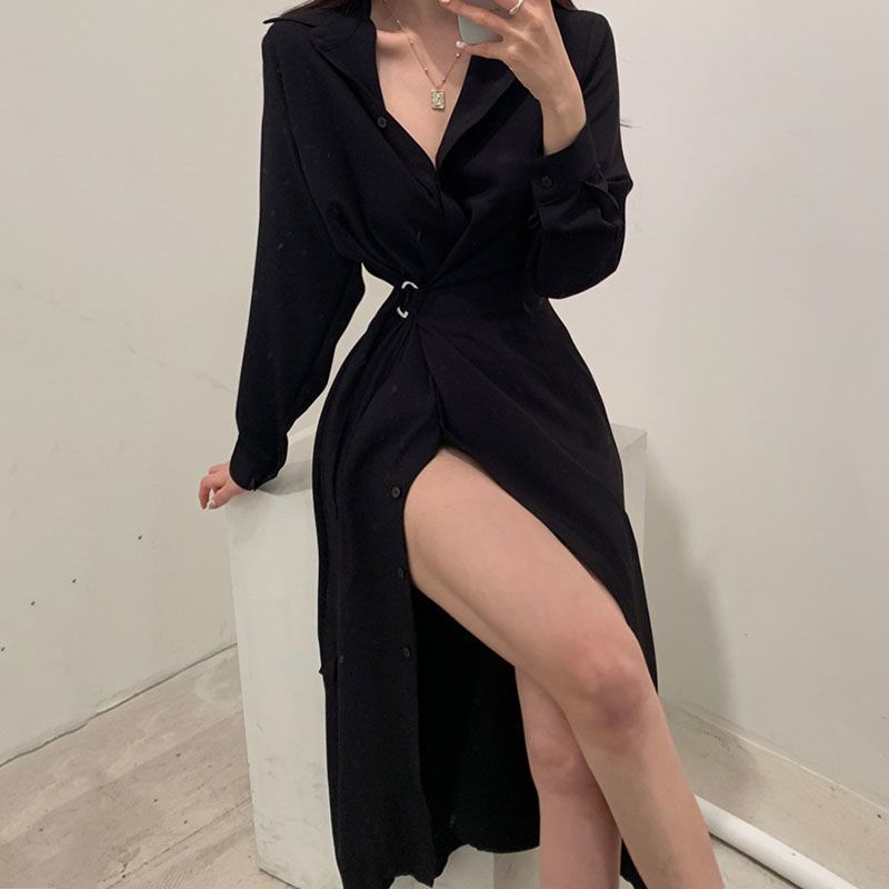 Robe chemise à revers à manche - Korean Style A Line Shirt Dress avis et prix