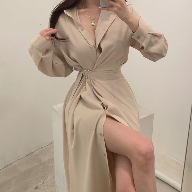 Robe chemise à revers à manche - Korean Style A Line Shirt Dress avis et prix