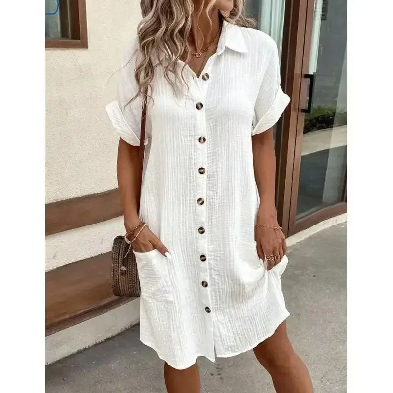 Robe décontractée en coton et  - Casual Loose Linen Shirt Dress avis et prix